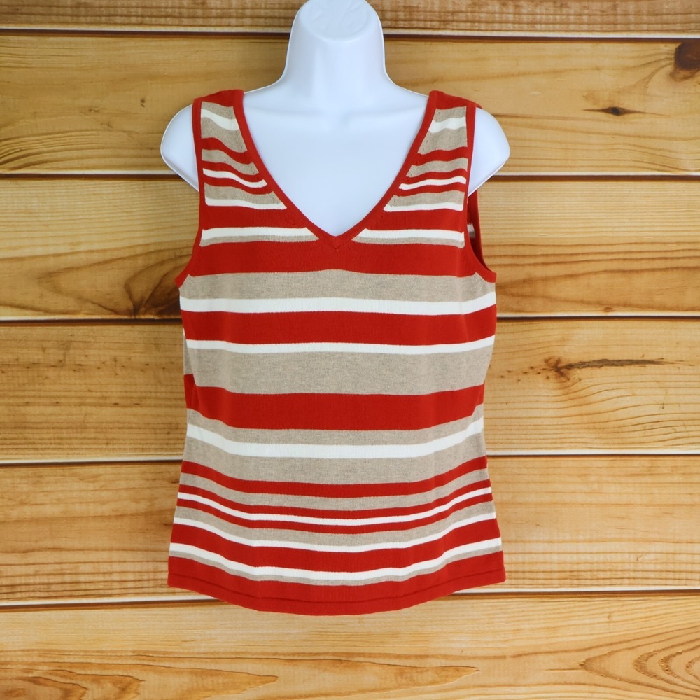 Falls Creek Knit Tank Top Womens L Multicolor Striped 100% Cotton V-Neck Stretch